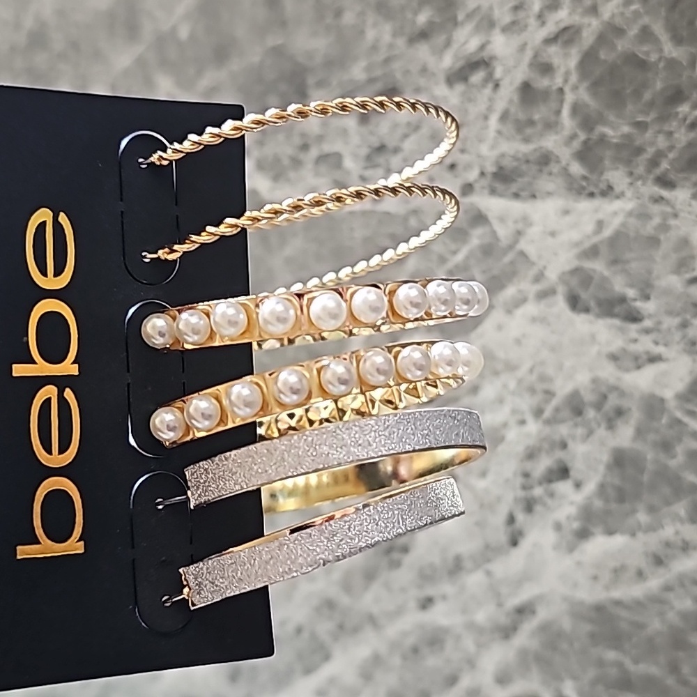 bebe Gold Tone Hoop Earrings Set of 3 - Pearl & Rhinestone Detail NWT